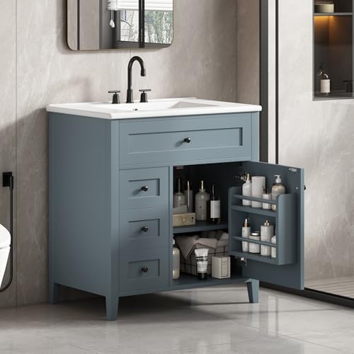 Image of 30 inch Bathroom Vanities with Top Set, Cabinet with Multi-Functional Tip-Out Drawer and Adjustable Shelf, Soft-Closing Door, Solid Wood Legs, Blue Gray