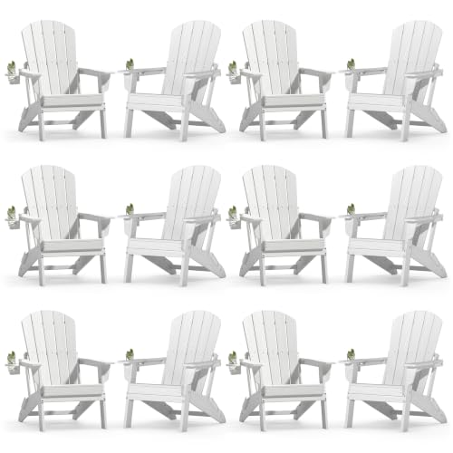 Image of Plawdlik Folding Adirondack Chair 12-piece Set, Cup Holder, White | pin-free folding, 38-in tall back, Wood-grain All-weather HDPE; for fire pit, poolside, deck, backyard, patio