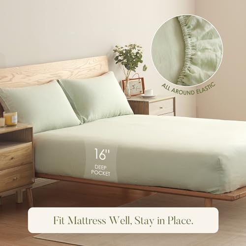 DAPU Pure Linen Sheets Set, 100% French Linen from Normandy, Breathable and Durable for Hot Sleepers, 4 Pcs Set - 1 Flat Sheet, 1 Fitted Sheet, 2 Pillowcases (Sage Green, King)