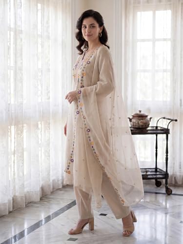 Image of INDO ERA Women's Cotton Blend Solid Straight Kurta Palazzo With Dupatta Set