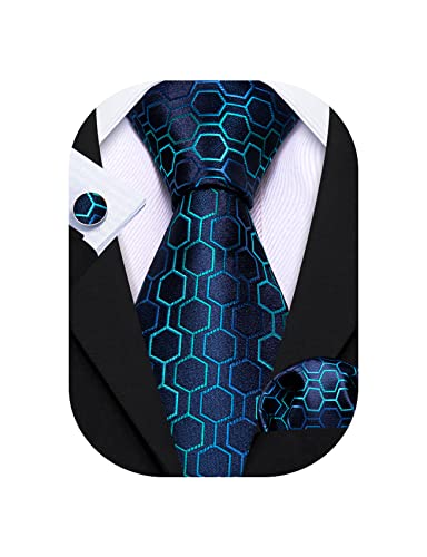 Image of Barry.Wang Classic Mens Ties Silk Necktie Pocket Square Cufflinks Set Woven Designer Wedding Business