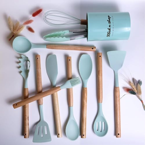 Image of Premium Silicone Kitchen Spatula Set for Cooking | Heat Resistant Spatula for Non Stick Pan with Wooden Handle & Holder | Steel Core Silicone Spatula | Non-Stick Kitchen Utensils Set (12 Pcs)
