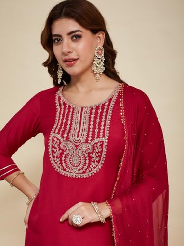 Image of MOKOSH Women's Silk Embroidery Kurta Pant with Dupatta | Kurta Set | Round Neck 3 /4 Sleeve | 3 Piece Outfit | Indian Kurta Outfit With Pant