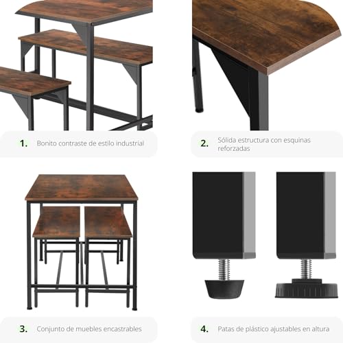 TecTake® Conjunto de Mesa y Bancos, Estilo Industrial Minimalista, Mesa de Comedor con Banco, Muebles para Salón y Cocina, Marco de Acero y Madera con Revestimiento en Polvo, Fácil Montaje - Oscuro - imagen 8