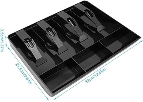 Image of Cash Drawer Insert Tray with 5 Bill Compartments and 4 Coin Sections, Plastic Currency Organizer with Spring Clips, Black
