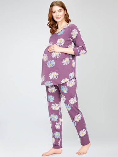 Image of ZEYO Cotton Blend Women's Cotton Floral Printed Nursing & Maternity Night Suit Set Of Top & Relaxed Pyjama Feeding Night Dress 5804