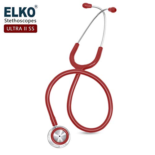 Image of ELKO EL-140 ULTRA II SS Stainless Steel Acoustic Stethoscope | For Doctors, Medical Students & Healthcare Professionals | Dual Head Chestpiece | 5.5mm Brass Pipe Frame | U-Shaped PVC Tubing (Red)