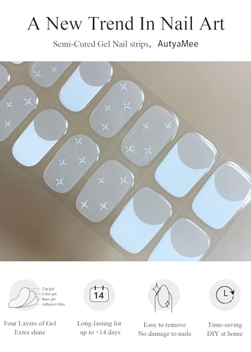 AutyaMee Tiras de unhas de gel semicuradas (estrela francesa), brancas, 20 peças de envoltórios de u