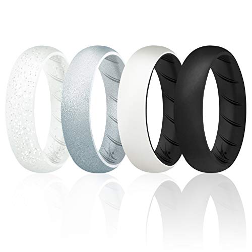ROQ Silicone Rubber Wedding Ring for Women, Rubber Silicone Wedding Band, Bridal Jewelry Set, Anniversary Rings, Promise Ring, 5.5mm Wide 2mm Thick, 4 Pack, Black, White, Silver, Size 7
