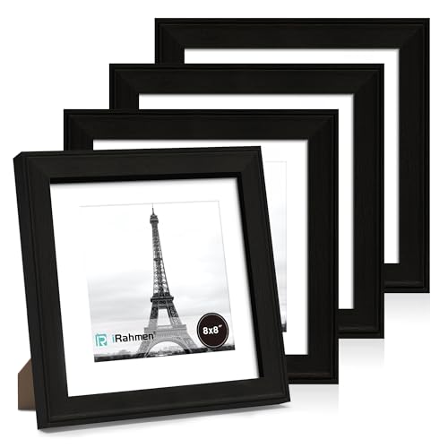 Image of iRahmen 8x8 Vintage Picture Frame with Mat 6x6 - High Definition Real Glass Wooden Photo Frames for Tabletop Display and Wall Mounting (Black, Set of 4)