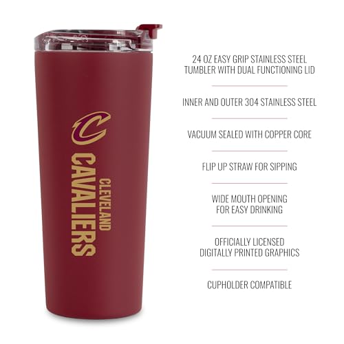 Image of Rico Industries NBA Basketball Cleveland Cavaliers Maroon 24oz Stainless Steel Tumbler with Lid and Dual Functioning Lid