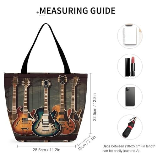 Shopping Zippered Tote for Women,Guitars Art Print Tote Bag,Top Handle Satchel Handbags,Reusable Grocery Shoulder Bag2