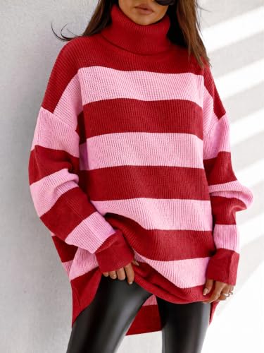 Image of Womens Turtleneck Oversized Sweater Batwing Chunky Pullover Sweater Casual Fall Loose Knit Jumper Top