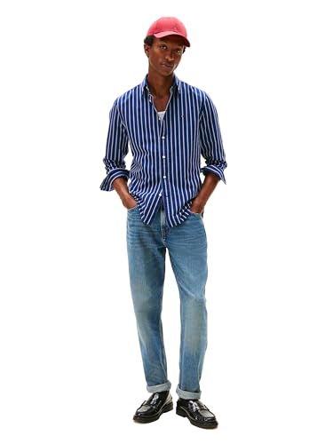 Tommy Hilfiger Men's Heritage Oxford Striped Regular Long Sleeve Shirts, Preppy Navy/White Medium3