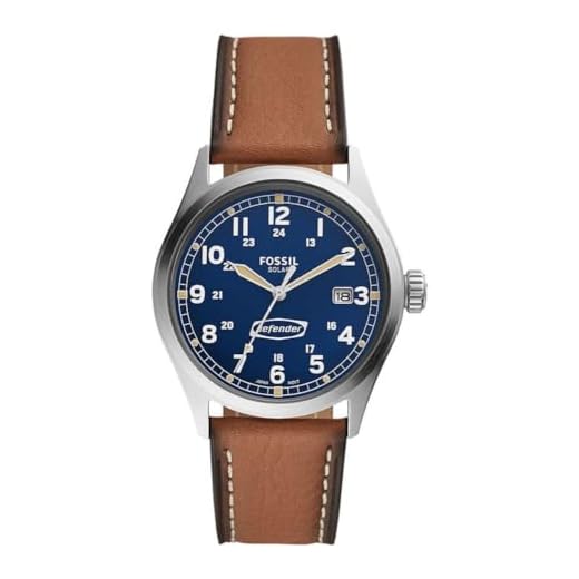 Fossil Reloj para hombre Defender, movimiento solar, caja de acero inoxidable plateado de 40MM con correa de piel ProPlanet, FS5975