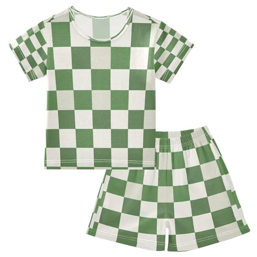 senya Short Sleeve Pajamas Sets Summer Cotton Sleepwear Green and White Checkered