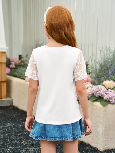 Haloumoning Girls Lace Short Sleeve T Shirts Kids Summer Crewneck Tunic Tops Curved Hem 5-14 Years3