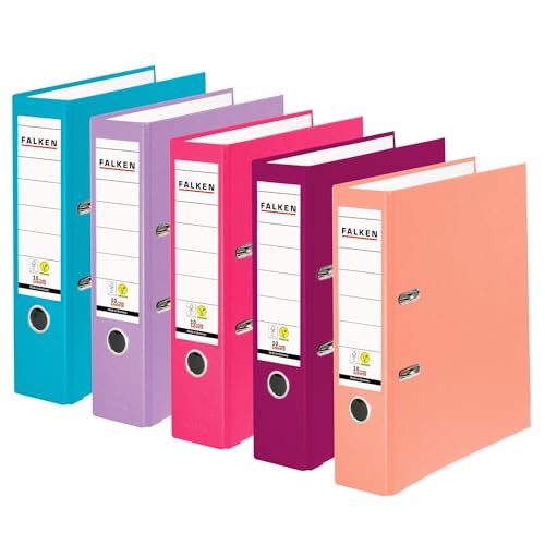 Falken 5er Pack PP-Color Ordner Made in Germany 8 cm breit DIN A4 farbig sortiert Pastell Vegan Kunststoffbezug außen Papierbezug innen mit austauschbarem Rückenschild