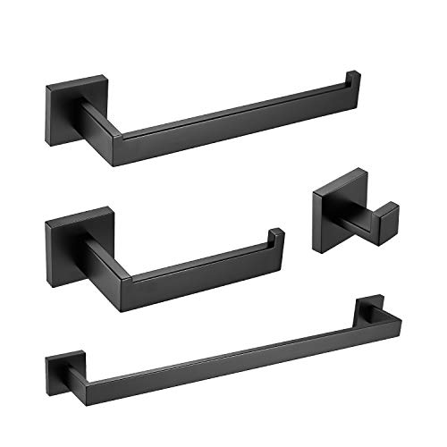 Sagetta Black 4-Piece Bathroom Hardware Accessories Set Square 24in Towel Bar Towel Holder Toilet Paper Holder and Towel Hooks,SUS 304 Stainless Steel Wall Mounted (Matte Black)