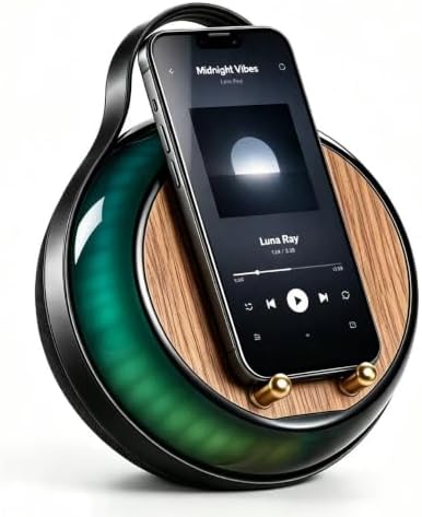 NOEMOCY Induction Speaker with Phone Stand 4 in 1 Wireless Bluetooth Audio Black | Phone Speakers Amplifie for iPhone and Android Rechargeable Colorful Light. Birthday Gift for Men Women and Teens