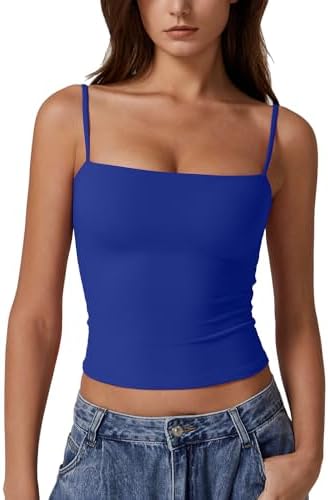 QINSEN Women's Double Lined Basic Tank Top Adjustable Spaghetti Straps Sleeveless Camisole Shirts Sapphire S