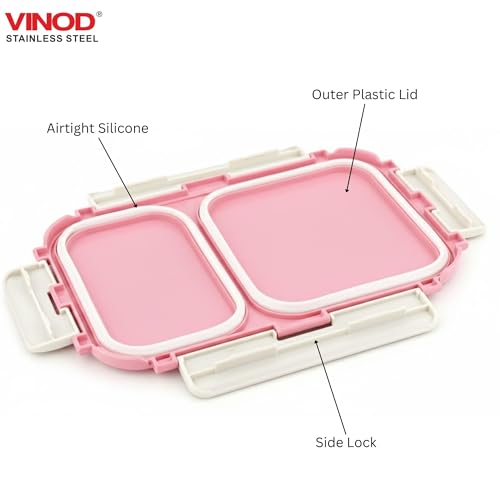 Image of Vinod GO-Tiffin Stainless Steel 2 Compartment Insulated Lunch Box | Pink | Leaf-Proof, Vacuum Sealed & Air Tight | Tiffin Box for Office, Kids & Adults | Freezer Safe | with Safety Lock