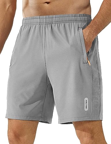 Zzkouine Pantalones deportivos cortos para hombre, de secado rápido, transpirables, pantalones de entrenamiento, pantalones de jogging, ajustados, con bolsillos con cremallera, gris claro, S