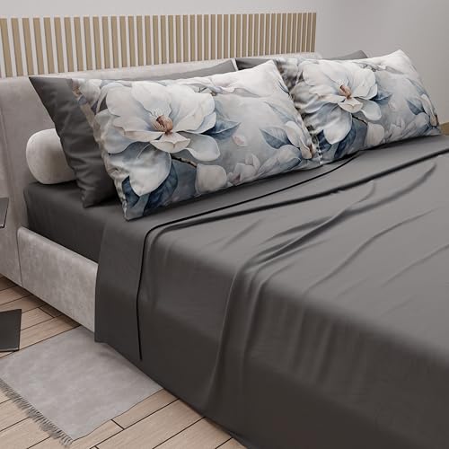 Draps coton lit 1 place et demi 120x200 parure lit gris motif floral 14