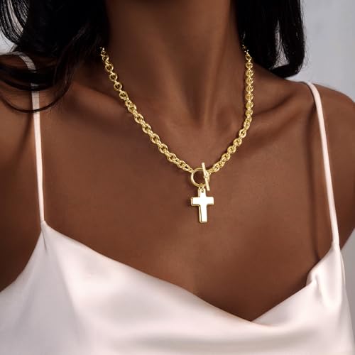 Chunky Cross Necklace for Women 14K Gold Plated Chunky Gold Necklace Chain Big Crucifix Pendant Statement Choker Hypoallergenic Fashion Jewelry Gift for Women3