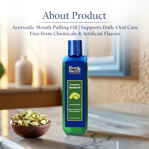 Image of Blue Nectar Cardamom Mint Oil Pulling for Mouth | Ayurvedic Mouth Freshener & Mouthwash | Natural Pulling Oil for Cool Fresh Breath & Daily Oral Care (9 Herbs, 100ml)