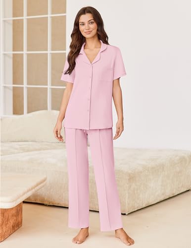 Image of Ekouaer Pajamas for Women Set Button Up Short Sleeve Pjs Sets With Pockets | Soft Womens Sleepwear,V Neck,Notch Collar,2 Piece Classic Loungewear With Long Pant for Sleep,Lounge,Fall