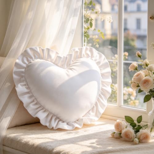 15.7 Inch Heart Shaped Christmas Throw Pillows with Ruffles, White