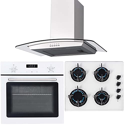 SIA 60cm White Single Electric Fan Oven 4 Burner Gas Hob & Curved Cooker Hood