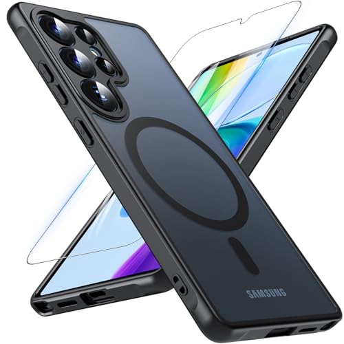 OWKEY Samsung Galaxy S25 Ultra Case 6.86'', Magnetic S25 Ultra Case for Magsafe with Tempered Glass Screen, [Shockproof Military] Translucent Back Slim Bumper Cover Phone Case Galaxy S25 Ultra, Black