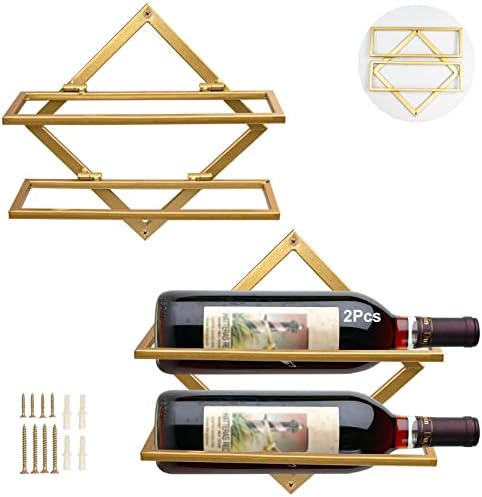 Metal Wall Mounted Wine Holder, Upgrade Foldable Hanging Wall Wine Rack Organizer for 2 Liquor Bottles, Red Wine Bottle Display Hanger with Screws for Home Kitchen Bar Wall Décor