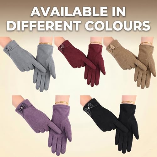 Image of Kraptick Women's Winter Thermal Gloves - Elegant Suede Fleece Lined Warm Full Finger Hand Gloves with Bow Knot - Windproof Soft Driving Mittens for Ladies & Girls (Free Size, Purple)-8