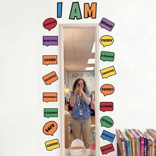 Marspark 20 Pcs Positive Affirmation Mirror Stickers for Classroom Cartoon Doodle Inspirational Quote Cards Mirror Decal I Am Motivational Quote Cards for School Party Office Playroom Bathroom