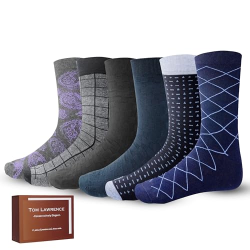 Tom Lawrence Mens Dress Socks -Premium Quality Soft Cotton- Pack of 6 in Gift Box, Assorted Patterned Dress Socks For Men 9-12, Breathable Soft Cotton- Nylon Blend