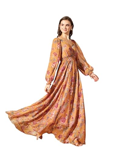 Image of Miss Chase Women's Multicolored-Base-Brown Relaxed Fit Maxi Lurex Chiffon Dress