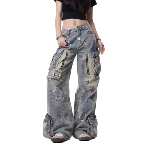 Men's Pants Workwear Retro Denim Wide Leg Straight Loose Multi Pocket Streetwear Casual Trouser for Men