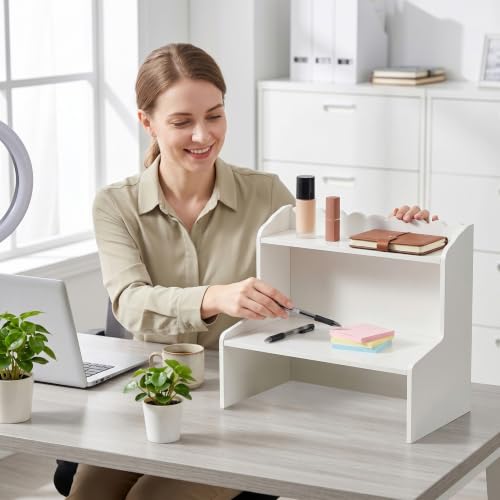 Organizador de escritorio de madera blanco con compartimentos abiertos mini estantería 7