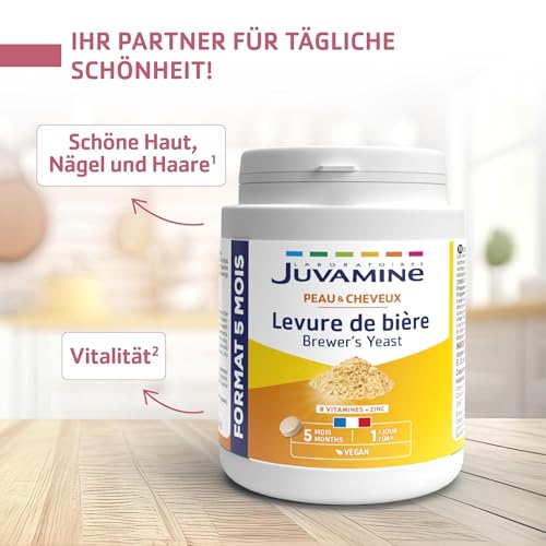 JUVAMINE - Bierhefe - Schöne Haut, Haare und Nägel - Vitalität - Vitamine B1, B2, B3, B5, B6, B8, B9 und B12 + Zink - 5-monatiges Programm - Optimierte Formel