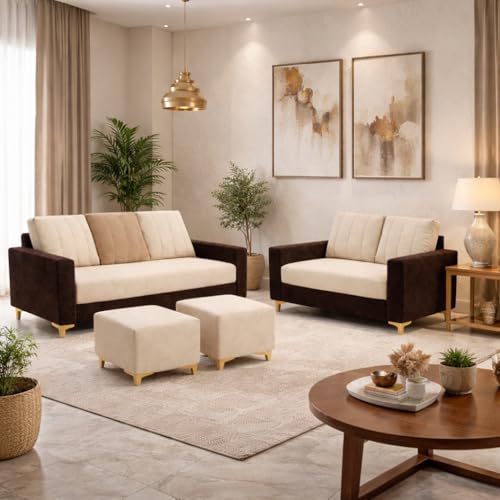 Image of Hendrick Plush Velvet 3 Seater + 2 Seater Sofa Set with 2 Ottoman | Silken Velvet Upholstery | Golden Legs | Designer Set for Living Room & Office Spaces (Cream, Beige & Dark Brown)