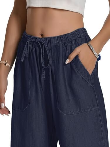 Image of TOPLOT Woman's Wide Leg Drawstring Trousers with Elastic Waist | Relaxed Fit Casual Pants with Pockets | Comfortable Everyday Wear for Travel and Office Wear (5251)