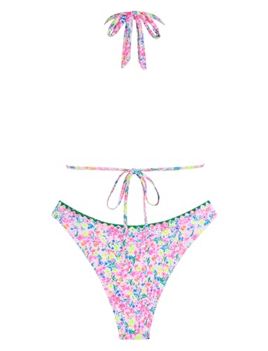 Image of ZAFUL Women Halter Dual Straps Whip Stitch Floral Triangle Bikini Swimsuits