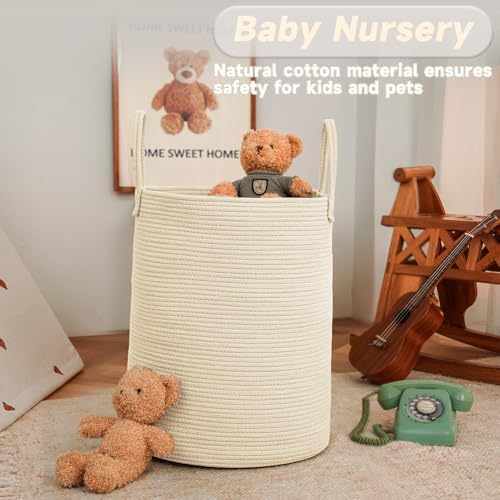 JMvicyroam Large Woven Laundry Basket Hamper,60L Cotton Rope Storage Bin for Blankets,Toys and Clothes,Decorative Tall Nursery Hamper for Living Room,Baby Nursery,Bathroom and Bedroom,Beige - 1