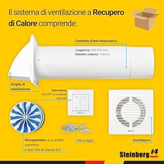 Steinberg14 Unità di VMC Decentralizzata 100 mm - Bianco Recuperatore di Calore con Interruttore - VMC Doppio Flusso Recupero Calore - Scambiatore Aria a Parete