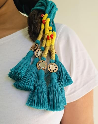 Image of Zippy Flora Handmade Boho Parandi / Paranda Traditional Hair Accessory for Women & Girls | Ethnic Braided Hair Tassels, Choti Hair Extension, Decorative Braid Jewelry for Festive & Wedding Hairstyles (Neelima Aqua Blue)