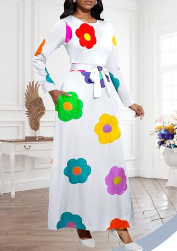 Image of Maxi Dresses for Women Casual Long Sleeve Crewneck Floor Length Dress | Floral Print,Swing,Soft Fabric,with Belt and Pockets
