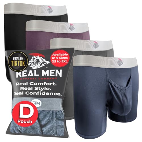 Real Men 7in Nylon Boxer Briefs V-Fly D Pouch Med 4pk Blk-Dnm-Gnmtl Gry-Wnbry Ice Silk Mens Underwear Boxer Briefs For Men Pack With Pouch Mens Sexy Underwear For Well Endowed Man